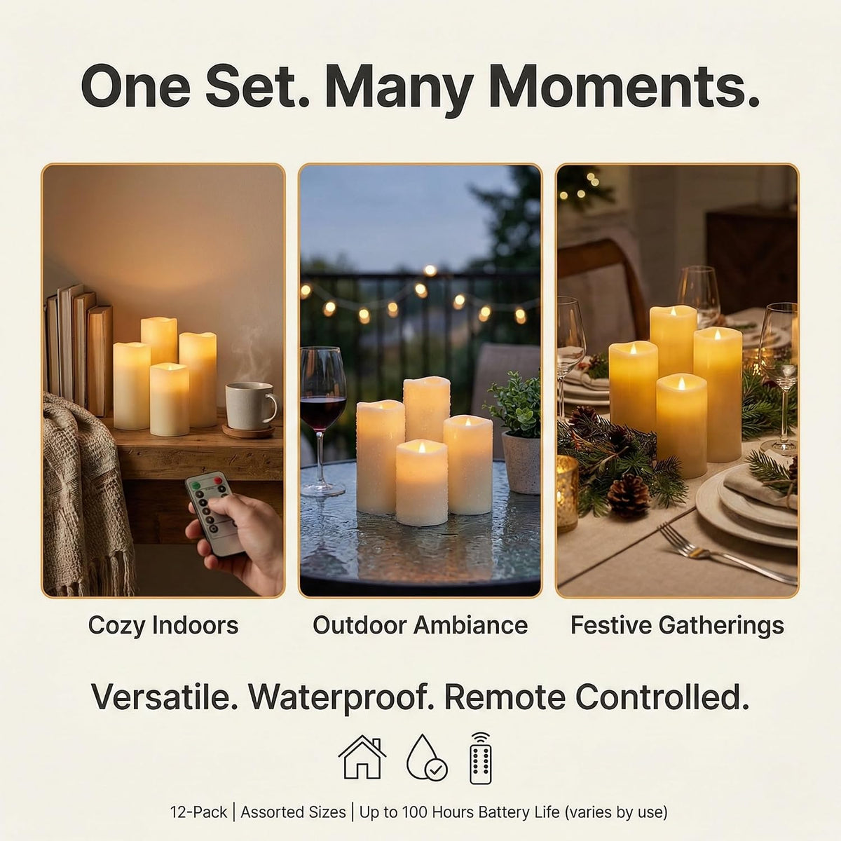 Enido Set of 24 Outdoor LED Candles, Battery Operated Flickering Waterproof Candles with 4 Remote (D2.2'' x H4''5''6'') for Halloween,Wedding,Christmas Decor(White)