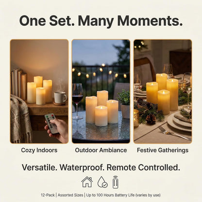Enido Set of 24 Outdoor LED Candles, Battery Operated Flickering Waterproof Candles with 4 Remote (D2.2'' x H4''5''6'') for Halloween,Wedding,Christmas Decor(White)