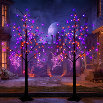 TW SHINE 2 Pack 6FT Halloween Lighted Black Birch Tree, Total 288 LED Purple and Orange Lights Artificial Spooky Tree with Timer, Waterproof Halloween Decoration for Indoor Outdoor Home Party Decor
