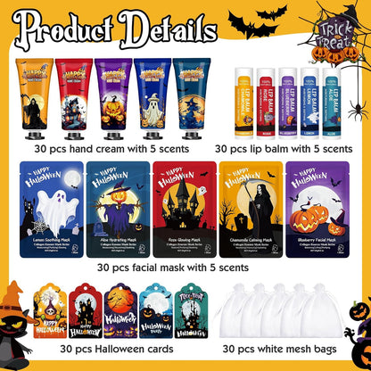 30 Pack Halloween Face Mask, Lip Balm & Hand Cream, Halloween Party Favors