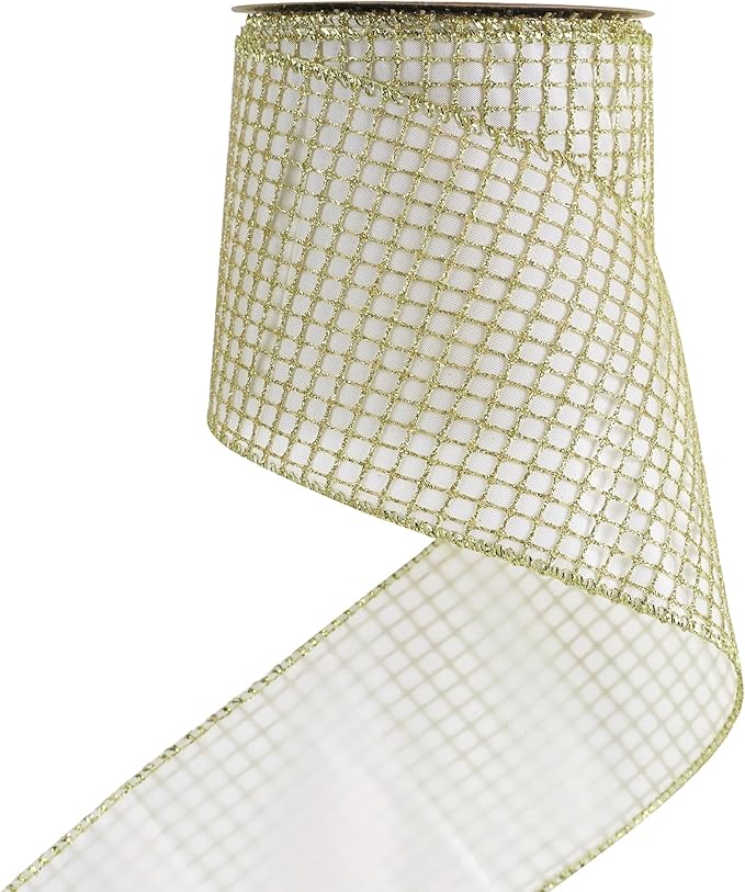 HUIHUANG Gold Glitter Wired Ribbon 4 inch by HUIHUANG