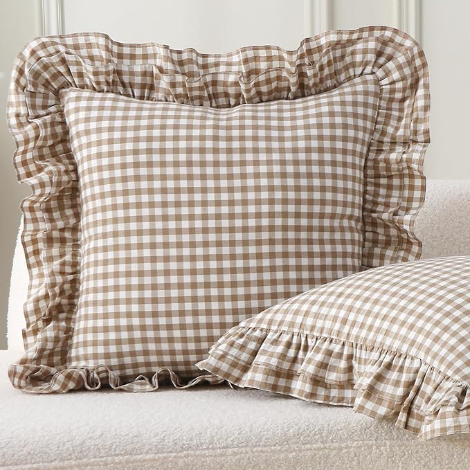 Aryeleay 2 Pack Taupe White Plaid Ruffle Throw Pillow Covers, 100% Cotton by Aryeleay
