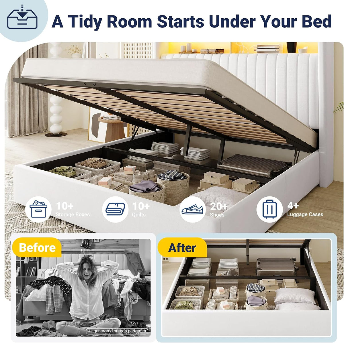 allewie full size lift up storage led bed, close-up detail