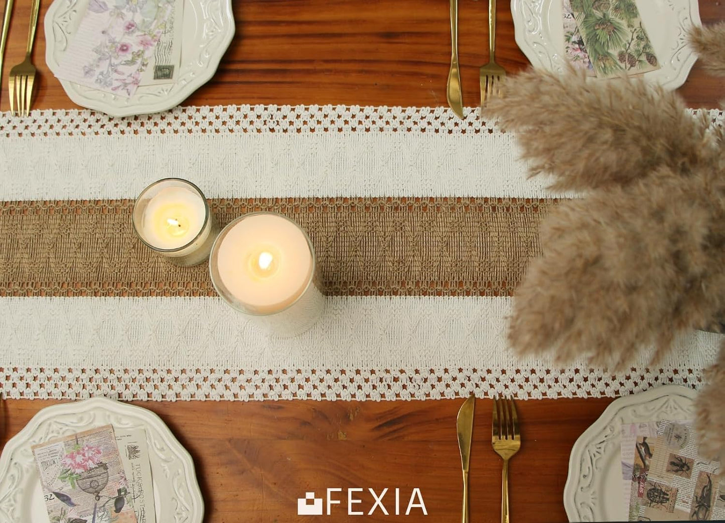 FEXIA Boho Table Runner for Home Decor with Tassels 72 Inches Farmhouse Long Pottery Barn Furniture Rustic Macrame Burlap Table Decoration for Living Room Bridal Shower (12x72 Inches)