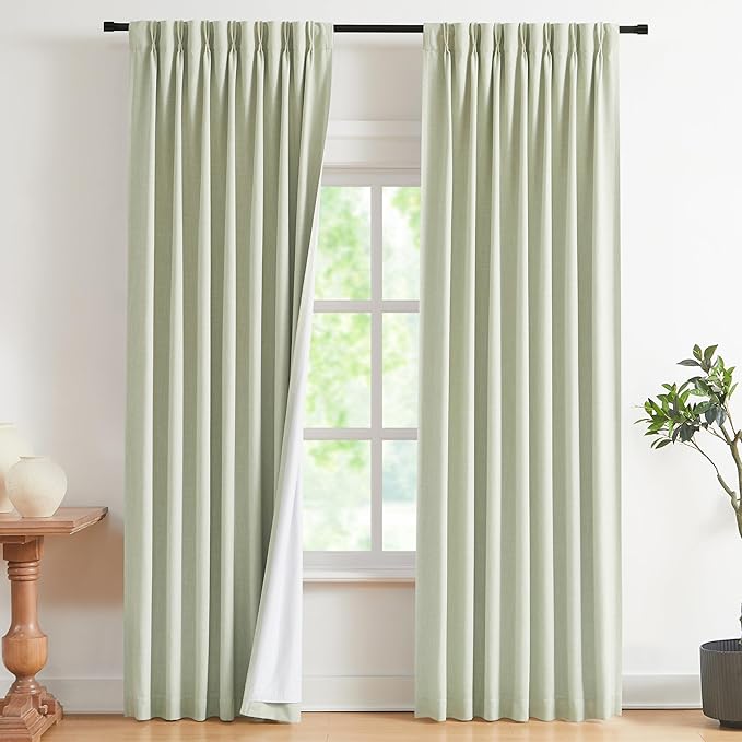 Vision Home Soft Green Pinch Pleated Full Blackout Curtains Linen Blended Room - Image 2