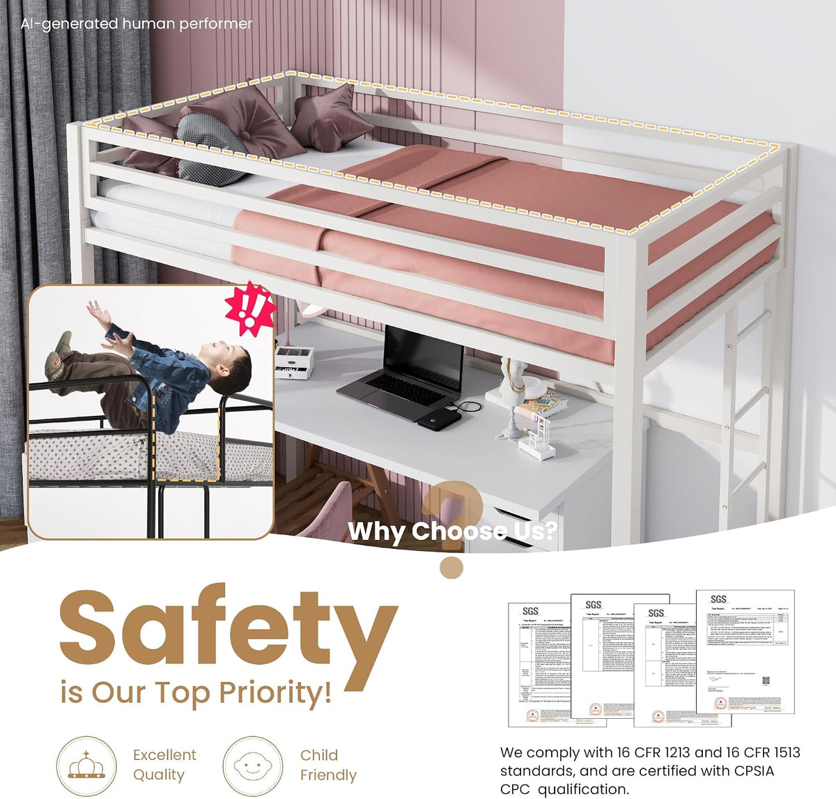sha cerlin loft bed twin size with ladder on a desk or shelf