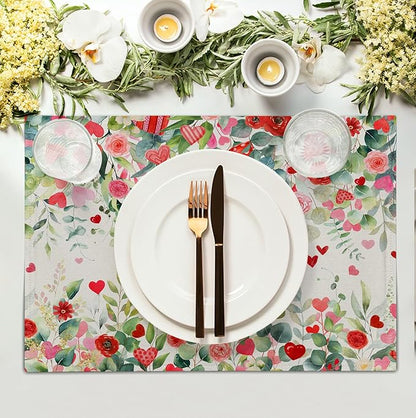 Valentines Eucalyptus Leave Placemats Set of 4, 12x18 Inch Valentine Heart Rose - Image 2