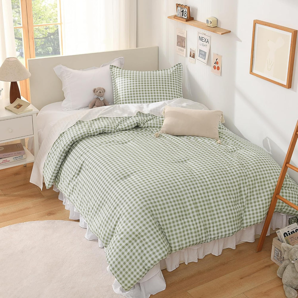 Andency Sage Gingham Comforter Set Full, Green Checkered Grid Plaid Bedding