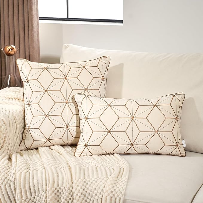 Aeckself White Gold Plaid Geometric Throw Pillow Cover 18x18 Inch, Soft Velvet - Image 4