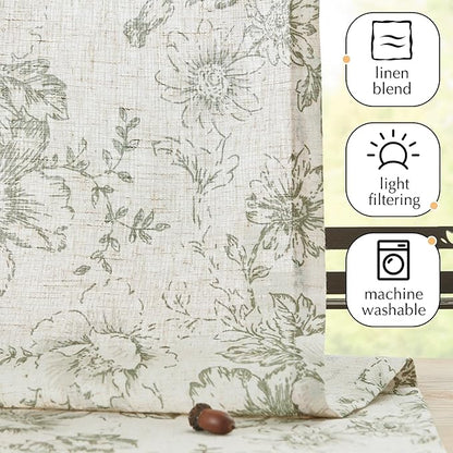 JINCHAN Floral Linen Tier Curtains Floral Sage on Beige Cafe Curtains 36 Inch - Image 5