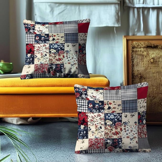 Floral Throw Pillow Covers 18x18 Set of 2 | Decorative Faux Patchwork Cushion - Image 4
