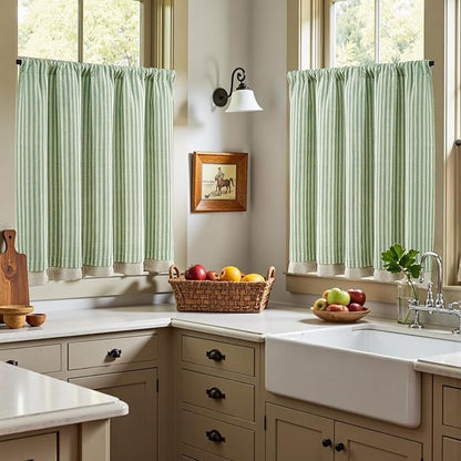 jinchan Double Layer Striped Linen Kitchen Tier Curtain Rustic Cafe - Image 4