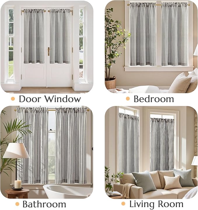 jinchan Striped Linen Kitchen Curtains 45 Inches Tier Curtains Farmhouse Modern - Image 4
