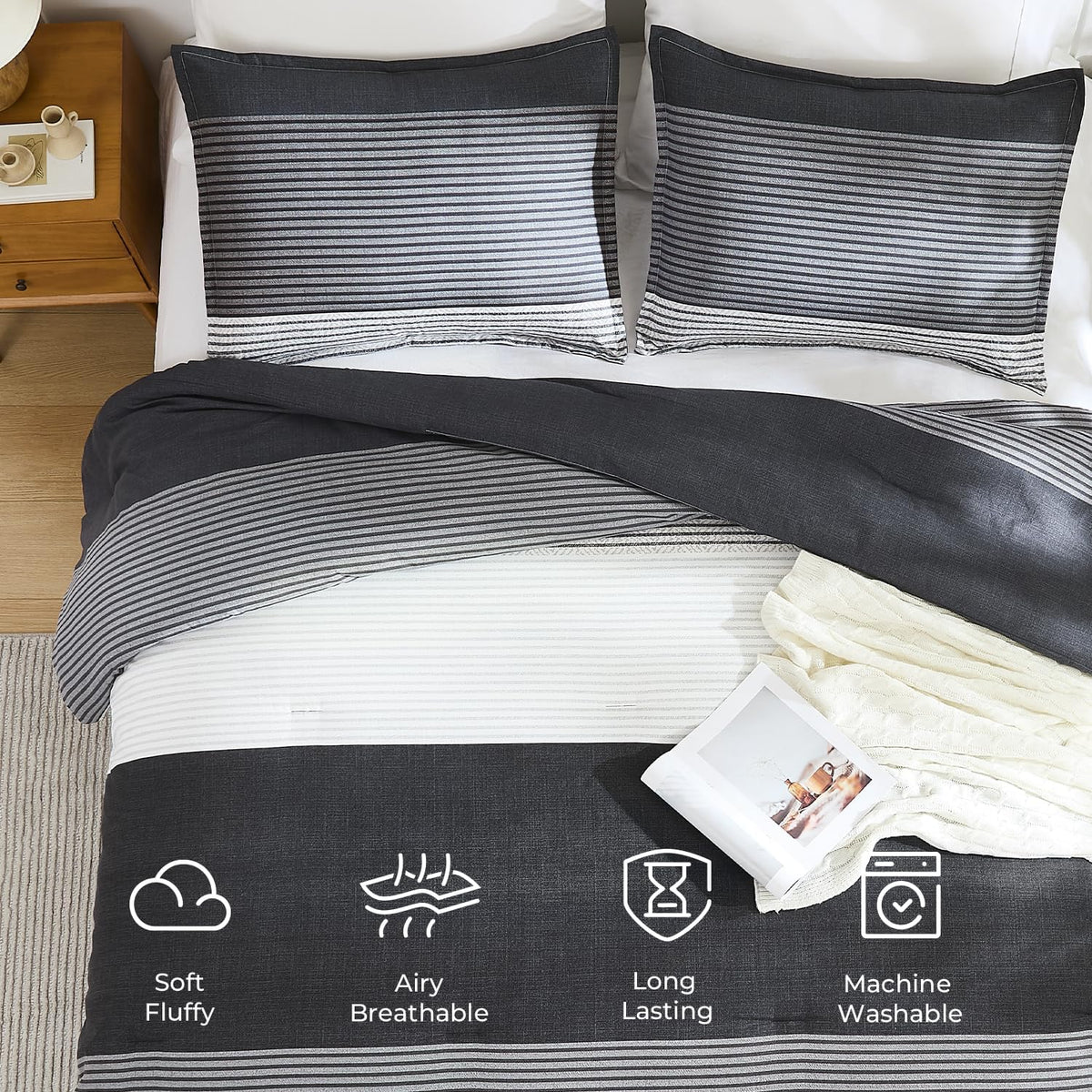litanika full comforter set black - 3 pieces showing dimensions