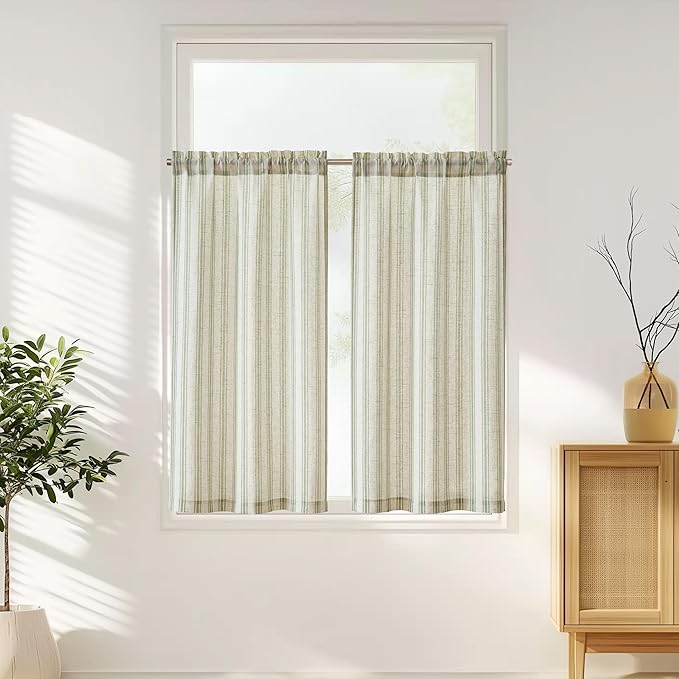 jinchan Striped Linen Kitchen Curtains 45 Inch Cafe Tier Curtains Balanced by JINCHAN