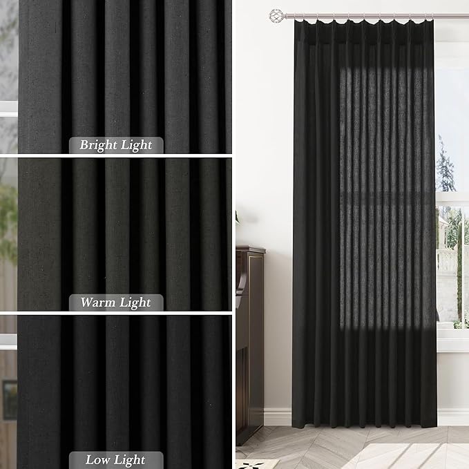 Black Pinch Pleated Linen Curtains 84 Inch Length 2 Panels - Image 4
