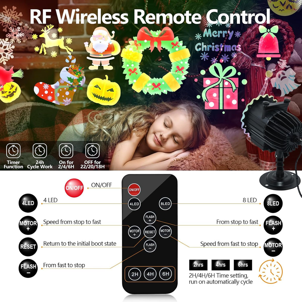 Halloween Projector Lights Outdoor, 8 Images Mode Halloween Lights Projector with 96 Cartoons, Waterproof Holiday Projector with Remote Control and Timer for Halloween Decorations