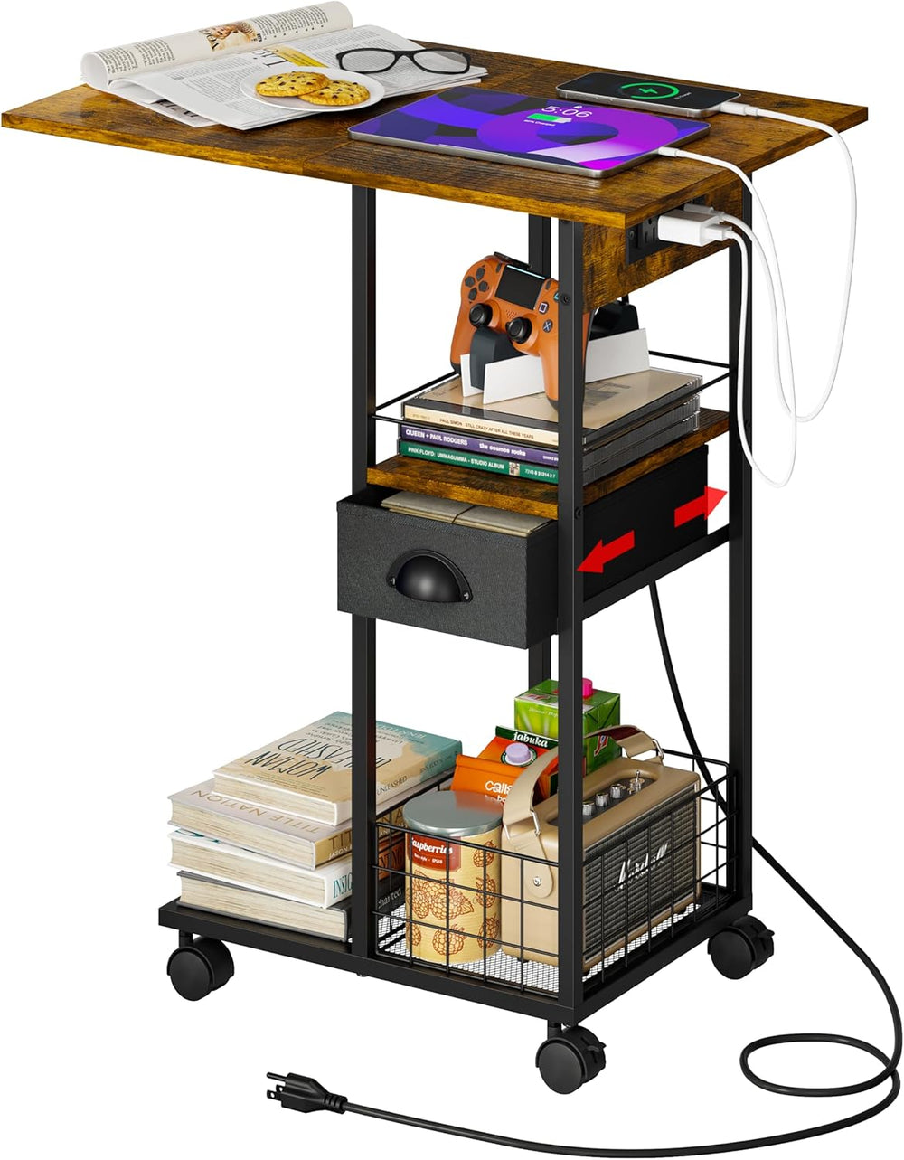 Rolling Side Table, TV Trays, C Table with Charging Station, Storage Drawer