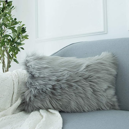 LIGICKY Set of 2 Decorative Grey Lumbar Fluffy Throw Pillow Cover Faux Fur - Image 2