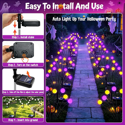 Kohlrabi Halloween Decorations Outdoor, 4 Pack 32 LED Purple and Orange Solar Firefly Lights Waterproof, Sway by Wind, Solar Wind Swaying Light for Garden Yard Patio Pathway Decoration