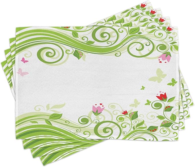 Ambesonne Green Flower Place Mats Set of 4, Blossoming Abstract Elements Swirls by Ambesonne