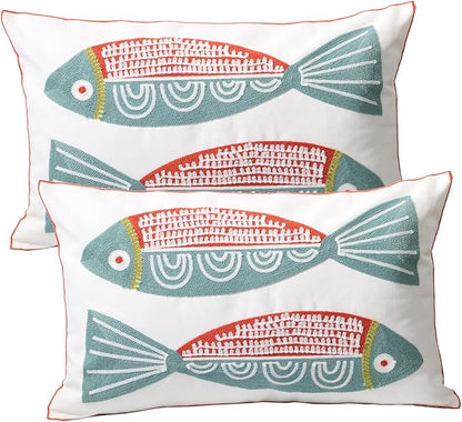 2 PCS Embroidered Throw Pillow Cover Cotton Decorative Rectangle Cushion Cases by UnionKK
