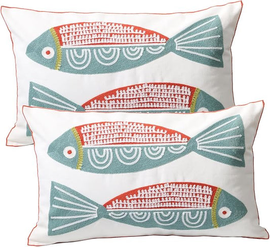 2 PCS Embroidered Throw Pillow Cover Cotton Decorative Rectangle Cushion Cases by UnionKK