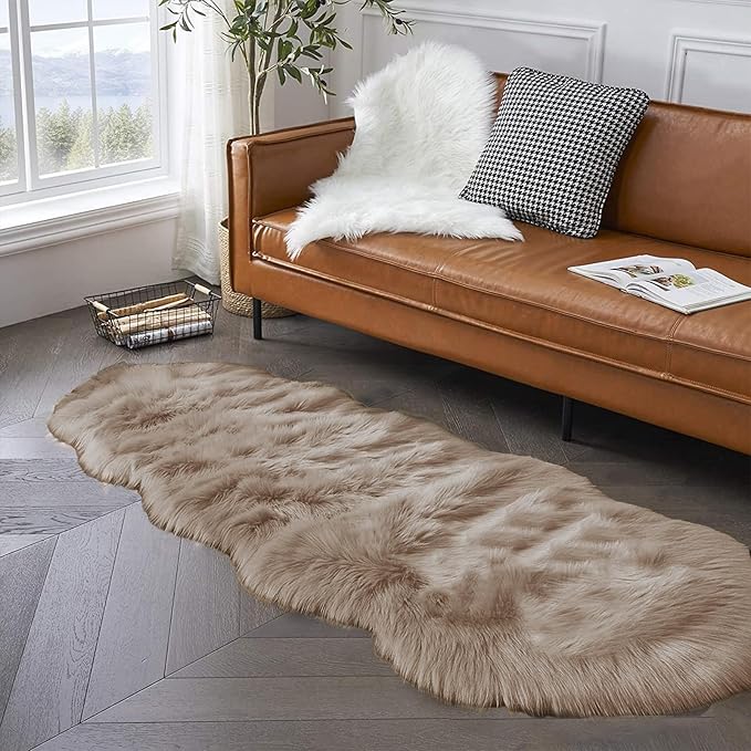 Latepis Runner Faux Fur Rug Camel Beige 2x6 Rugs Fluffy Furry Washable - Image 2