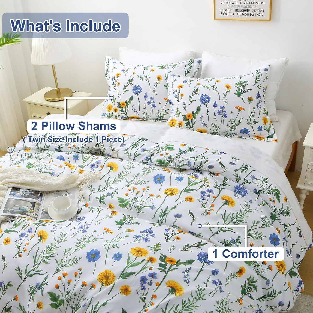 mooreeke floral king size comforter sets, dandelion floral on a desk or shelf
