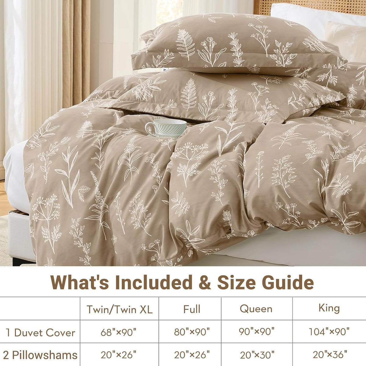 muxhomo duvet cover queen size, 3-piece floral taupe, package contents