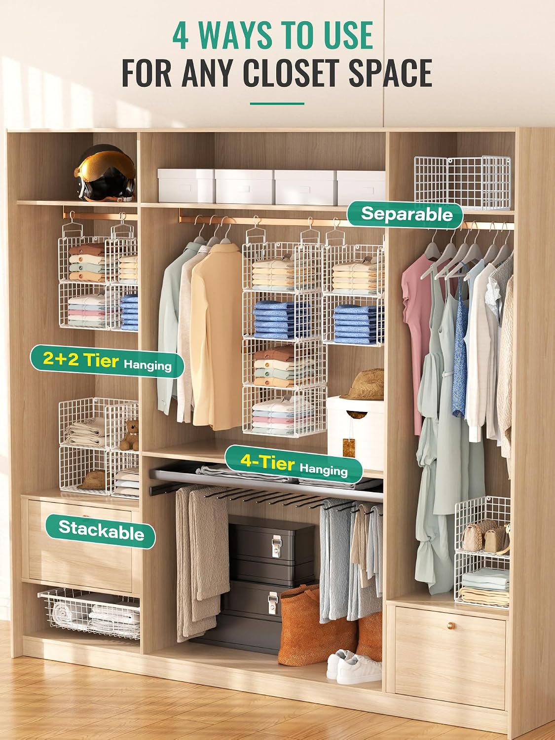 hanging closet organizer, 4 tier metal closet organizers, close-up detail