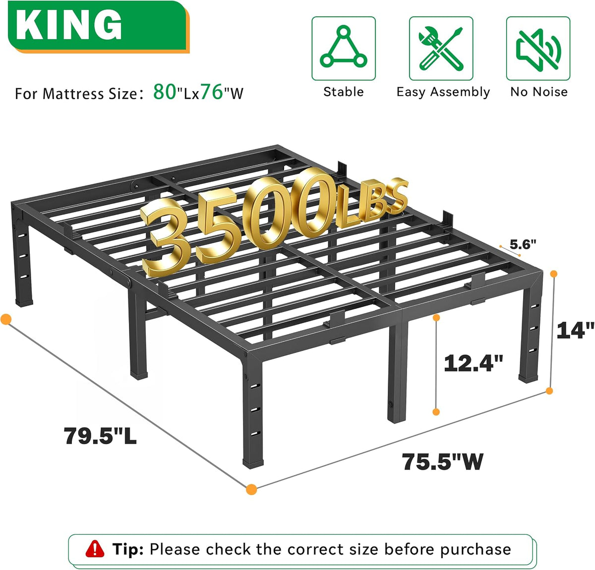 14 inch bed frame king heavy duty, upgrade, close-up detail