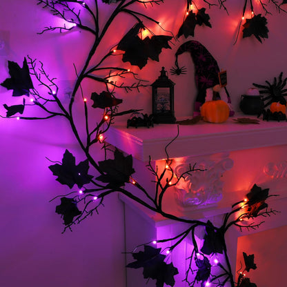 9 FT 72 LED Willow Vine Twig Decor Black Halloween Garland with Orange & Purple Lights, 8 Modes & Timer Waterproof Battery Operated for Home Fireplace Mantle Wall Office Indoor Halloween Decorations