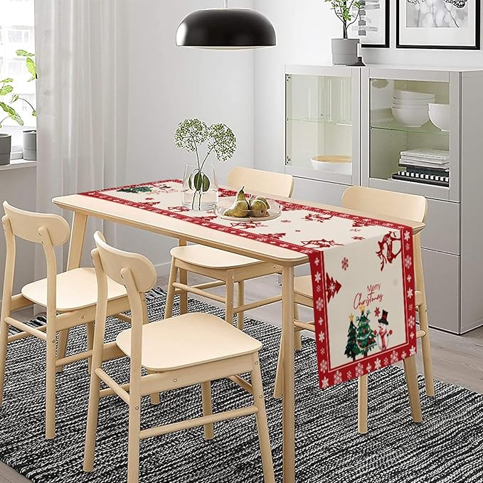 Merry Christmas Elk Deer Table Runner, Snowman Linen Table Runners, Snowflake - Image 6
