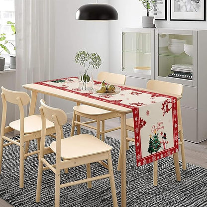 Merry Christmas Elk Deer Table Runner, Snowman Linen Table Runners, Snowflake - Image 6