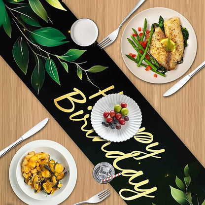 Happy Birthday Table Runner – Green Leaf and Gold Lettering Party Table Decor – - Image 5