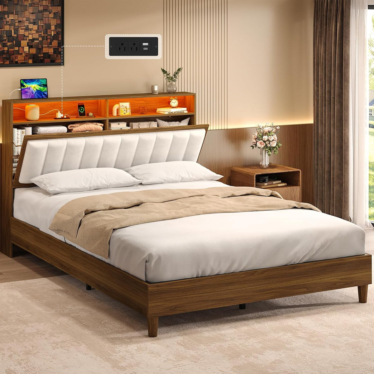 cszzd wood bed frame full size with charging, front angle view