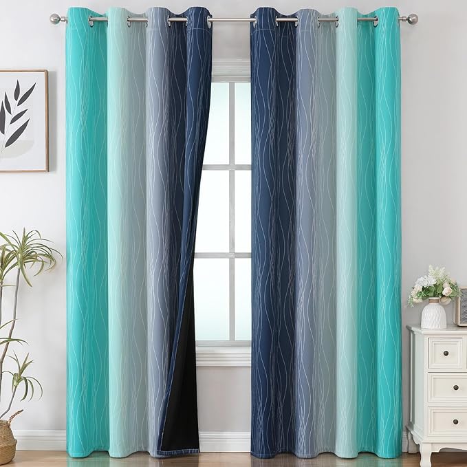 Estelar Textiler Navy Blue and Teal Ombre Blackout Curtains 90 Inches Long 2 - Image 2