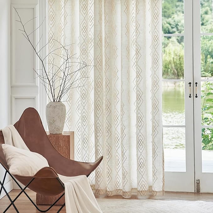 Linen Boho Curtains for Bedroom, 96 Inches Long Curtains Gold Foil Metallic - Image 6