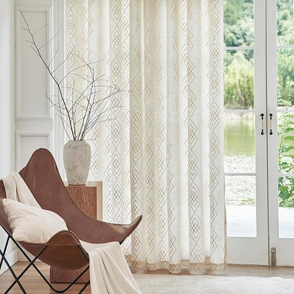 Linen Boho Curtains for Bedroom, 63 Inch Length Curtains Gold Foil Metallic - Image 6