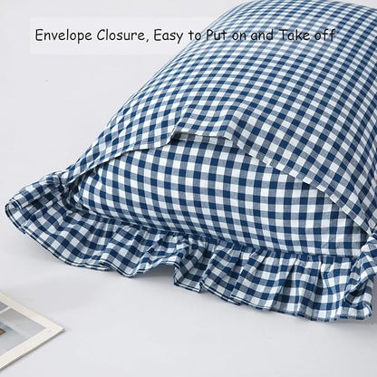 Navy Blue/White Plaid Pillow Shams Standard Size Set of 2, Shabby Checkered - Image 4
