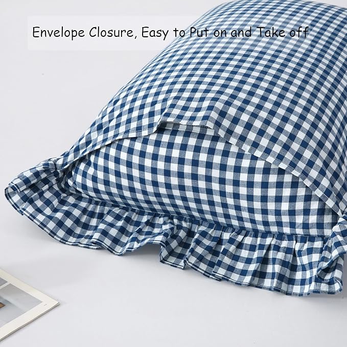 Navy Blue/White Plaid Ruffle Pillowcases Farmhouse Pillow Shams King Size Set - Image 4