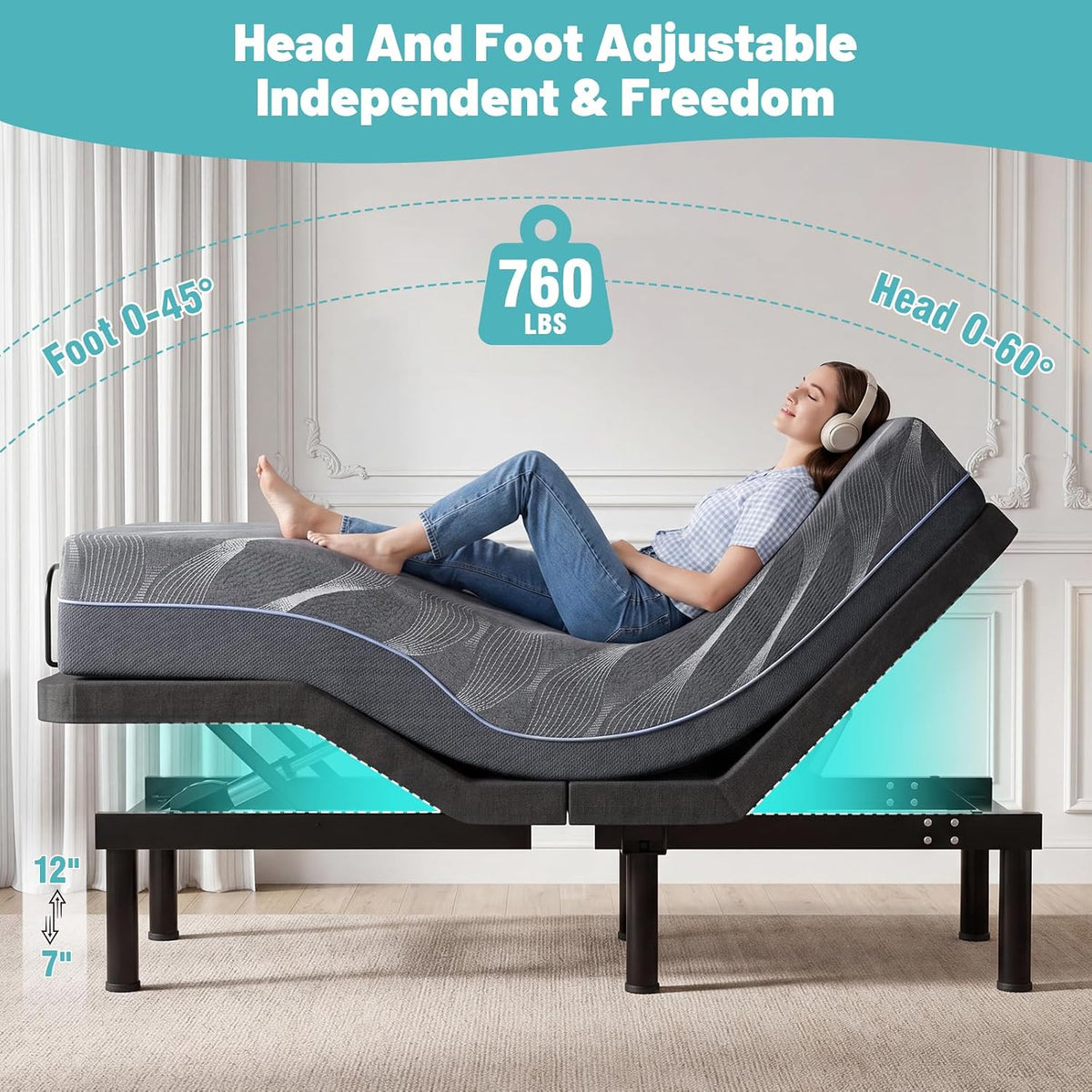 premium split king adjustable bed frame with 12" on a desk or shelf