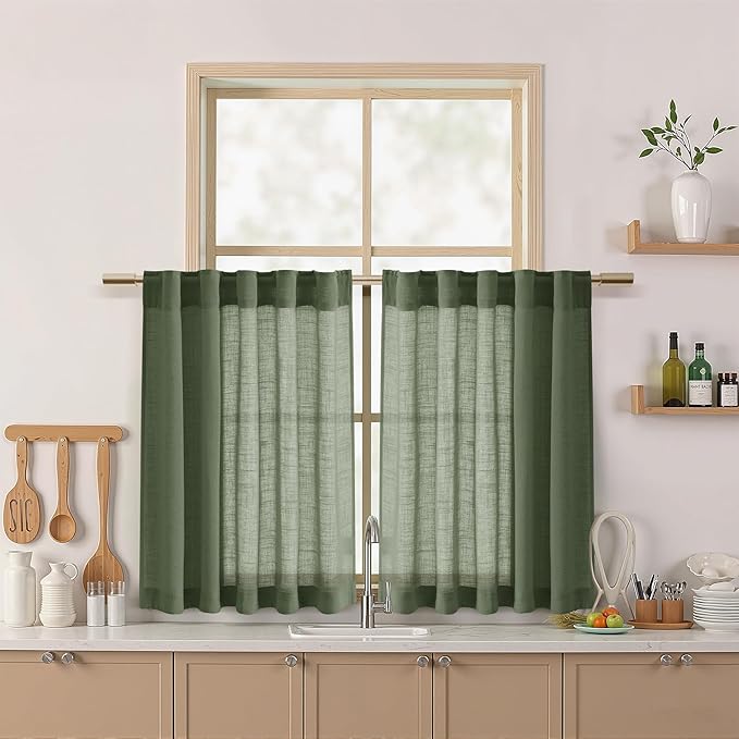 Nanspring Short Linen Curtains 36 Inch Length Olive Green Semi Sheer Drapes by Nanspring