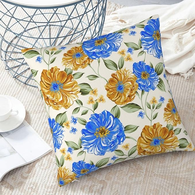 Blue and Yellow Floral Throw Pillow Covers 18x18 Inch Set of 2, Decorative Blue - Image 5