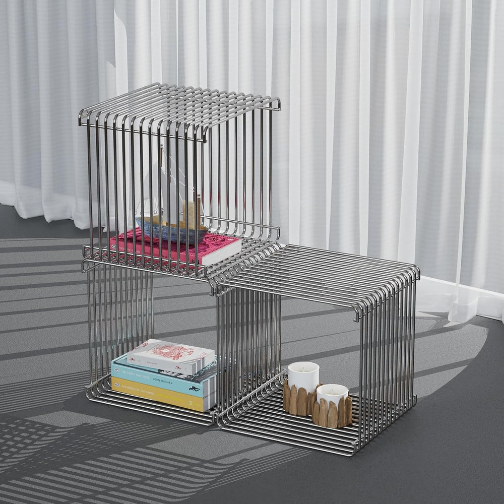 Square Geometry Retro Side Table Prime-Stainless Steel Linear Metal End Table...