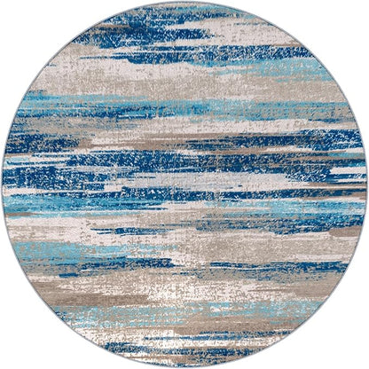Modern Abstract Round Rug 5Ft, Circular Dining Room Rugs Thin Print Faux Wool - Image 9