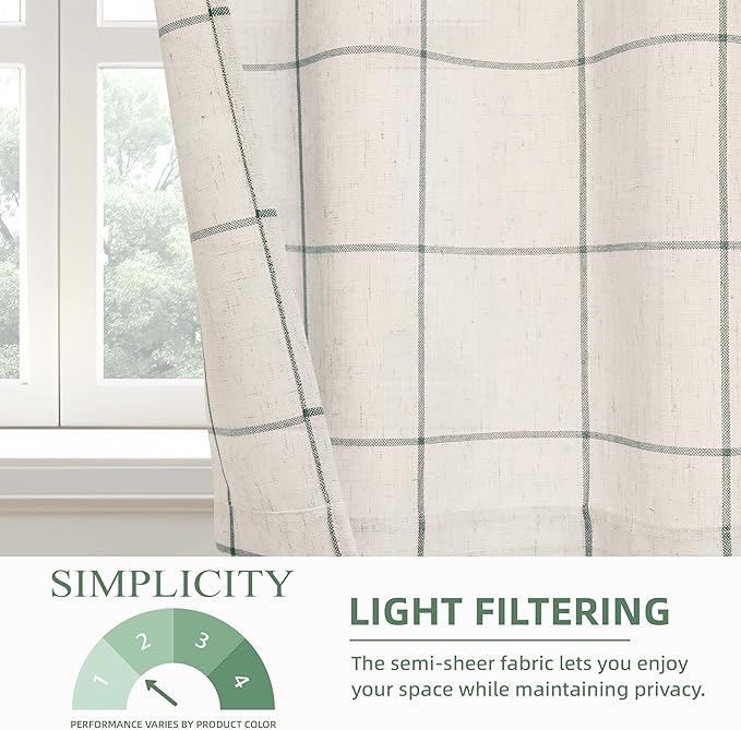 DriftAway Kitchen Curtains Striped Tier Linen Short Curtains Windowpane Plaid - Image 3
