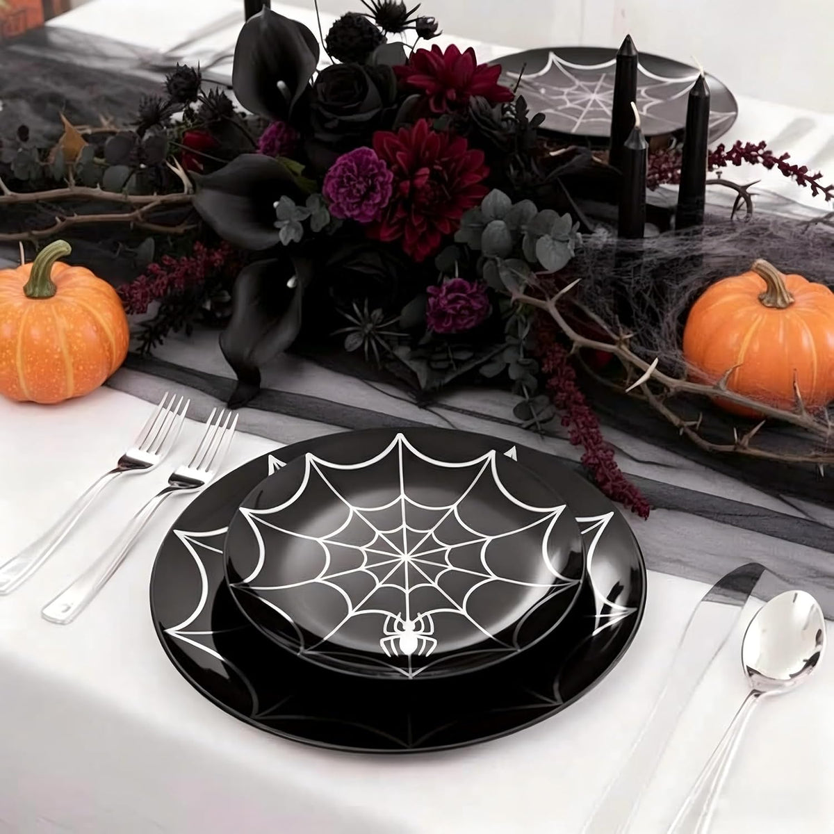 NOCCUR 60PCS Halloween Plastic Plates - 30 Black Dinner/Dessert Plates - Ideal for Halloween Party