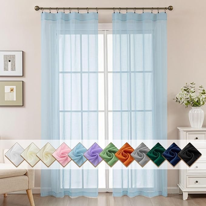 Blue Sheer Curtains 84 Inches Long, Privacy Semi Sheer Curtains by ABLUEN